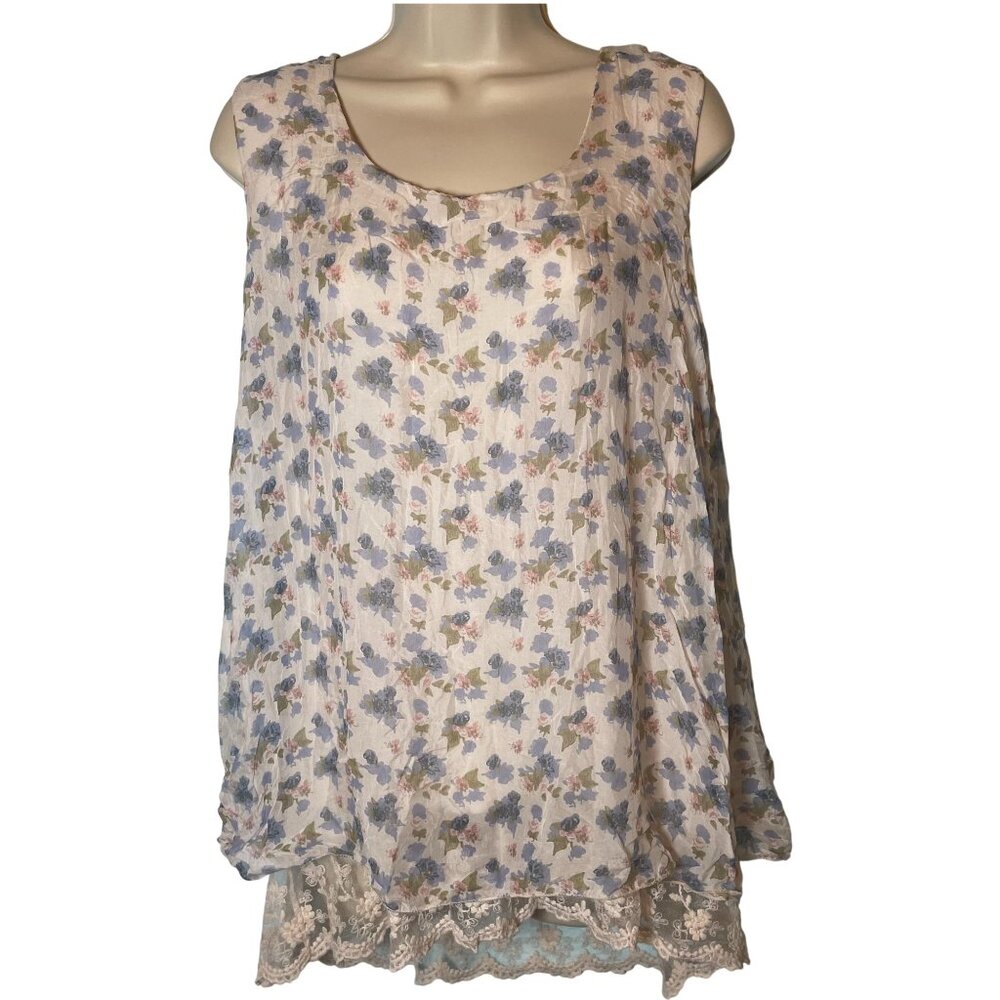 Elena Baldi Women's Top Silk Floral Sleeveless Blouse Size‎ Large Italy Lace Hem